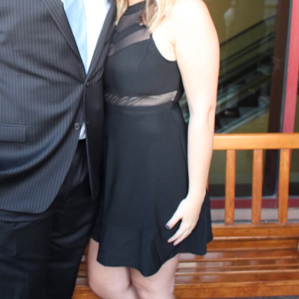 Honey and Rosie fit and flare high neck LBD dress